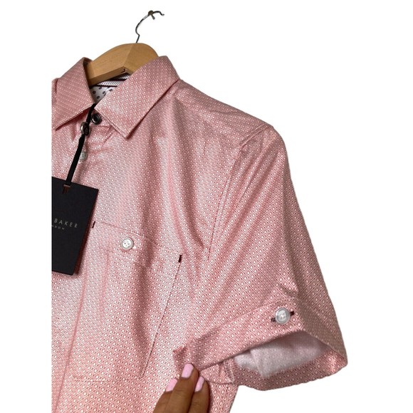 TED BAKER Men's Slim Fit GEO Print Short Sleeve Shirt Size 1 (XS) NWT Orange - Picture 6 of 10